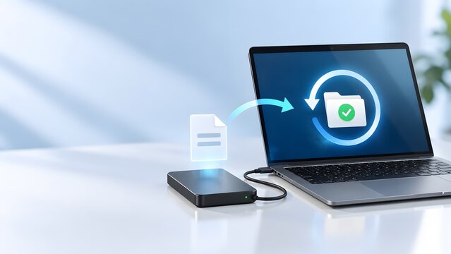 Secure data backup and file synchronization concept displaying verified holographic document transferring from external hard drive to laptop