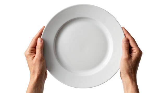 Two hands holding a clean white ceramic dinner plate, isolated on transparent background