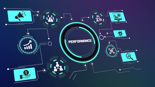 PERFORMANCE business network concept representing financial results, productivity measurement, sales growth, strategic analytics, operational efficiency and enterprise success.