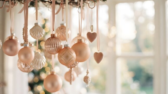 A captivating glimpse into the enchanting world of christmas where delicate ornaments dangle gracefully illuminated by soft light creating a heartwarming and festive atmosphere that