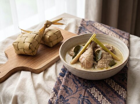 Indonesian Lebaran meal with ketupat and traditional soup