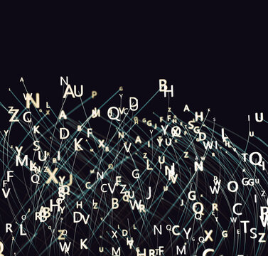  Letras y palabras voladoras sobre fondo oscuro. Ilustraci&oacute;n 3D. Concepto literario،poes&iacute;a y escritura creativas،comunicaci&oacute;n visual abstracta, tipograf&iacute;a y lenguaje escrito.
