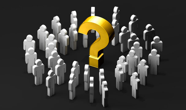  Signo de interrogaci&oacute;n dorado rodeado de figuras humanas. Ilustraci&oacute;n 3D. Concepto de dudas y preguntas frecuentes; servicio y soporte al cliente; an&aacute;lisis y soluciones.