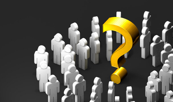  Signo de interrogaci&oacute;n central con multitud de personas. Ilustraci&oacute;n 3D. B&uacute;squeda de respuestas y soluciones; interrogaci&oacute;n y dudas de los clientes; estrategia de marketing.