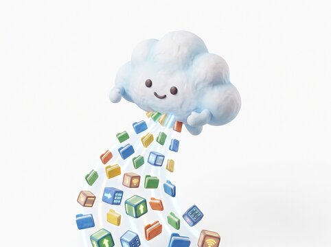 3D isometric claymation cute fluffy cloud character floating in mid-air absorbing colorful digital file folders and data boxes, cloud computing and data migration on white
