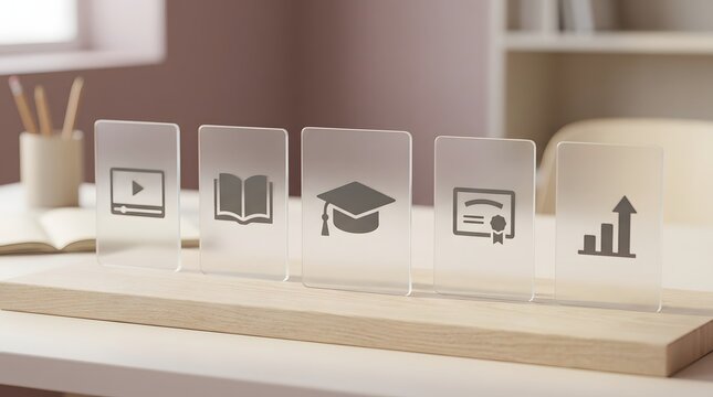 Education and e learning icons on frosted glass panels for online