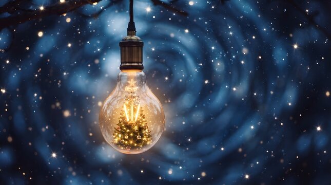 A mesmerizing image depicts a vintage style edison bulb glowing brightly against a swirling abstract background of deep blues and sparkling lights evoking a sense
