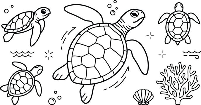 Minimalist line art vector illustration of sea turtles swimming with coral reefs and seashells isolated on white background