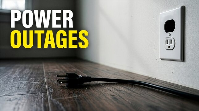 An electrical plug disconnected on a wooden floor next to a wall socket with power outages typography text overlay, representing electricity blackout, energy crisis, and grid failure