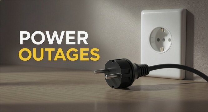 An electrical plug disconnected from a wall outlet on a wooden surface, highlighting a power outage, blackout, energy crisis, electricity failure, or sustainable conservation concept.