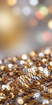 closeup of shimmering gold and silver sequins with soft festive bokeh lights and clear upper background. christmas and new year celebration, winter holiday glamour, greeting card copyspace.