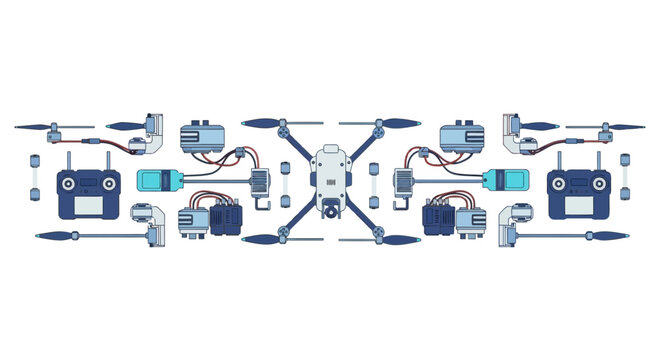 Flat Lay Vector Illustration of Drone Components and UAV Parts Including Remote Control, Motors, and Propellers