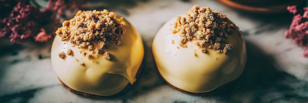 A round dessert sits on a silver plate. It features smooth vanilla cream topped with shiny caramel glaze and a sprinkle of nuts. The setting suggests a stylish cafe.
