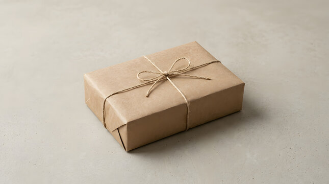 A simple rectangular parcel wrapped in rustic brown paper tied with a delicate natural twine bow, presented on a clean neutral concrete surface, perfect for minimalist shipping or gift concepts.