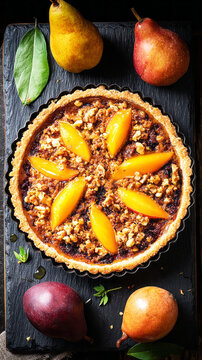 A fresh pear and goat cheese pie is presented on a black serving board. Crumbled nuts are sprinkled on top. The setting includes a few fruits and nuts in the background.