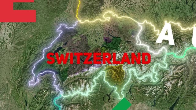 3D Animated Map of Switzerland Highlighting Cantons, Flag Overlay, Surrounding European Nations, and Alpine Topography
