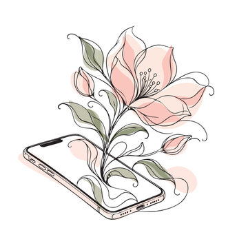 Floral phone illustration with blooming flower, minimalist botanical line art