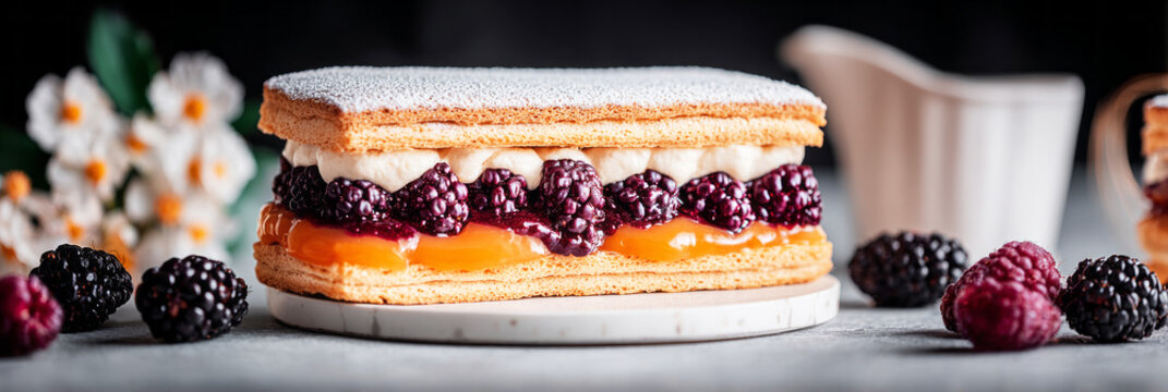 A puff pastry is filled with cream and raspberry jam, displayed on a black surface. The dessert is topped with fresh raspberries and cream, showcasing layers of color.