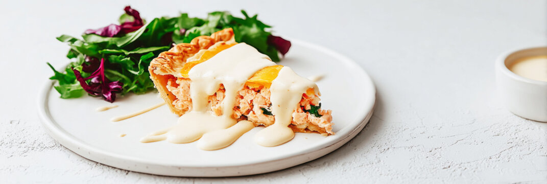 A plate holds a slice of salmon and spinach pie drizzled with lemon sauce. A handful of greens sits beside it. Soft shadows fall across the table in a bright room.
