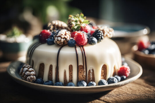 A shortcrust cake with mirror glaze and caramel accents sits on a wooden table. Berries surround the cake. Events are happening in a cafe setting during the afternoon.