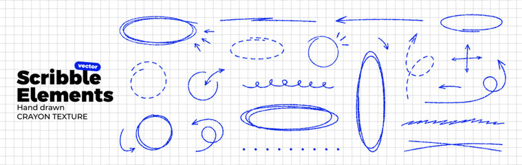 Fototapeta na wymiar Scribble doodle set on notebook paper. Hand drawn blue pen texture. Curved, twisted and rounded lines and arrows. Highlight ovals and circle frames. Thin rough line. Vector illustration collection