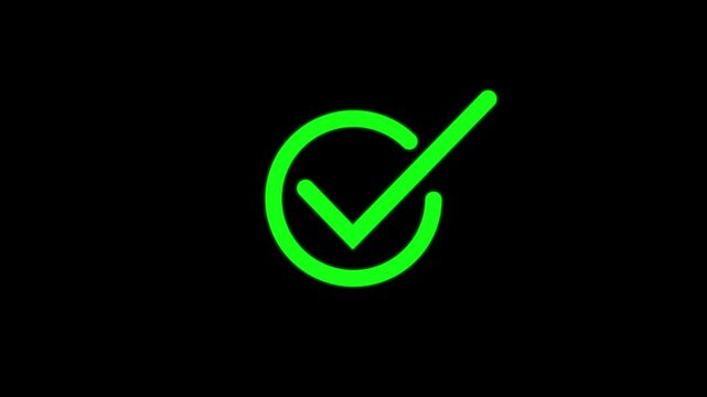 Animated green checkmark on black background, success and approval symbol motion animation