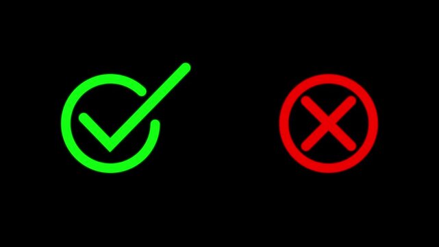 Animated checkmark and cross sign green success and red error symbols on black background, for ui and, feedback systems