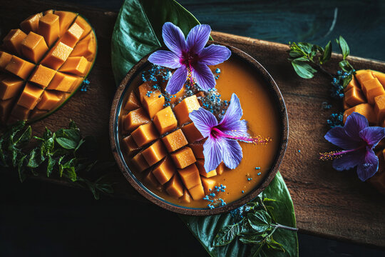 Dessert soup features coconut milk and tapioca with chunks of mango and papaya. It is presented in a bowl with flowers and leaves around it. This dish is often enjoyed in tropical areas.