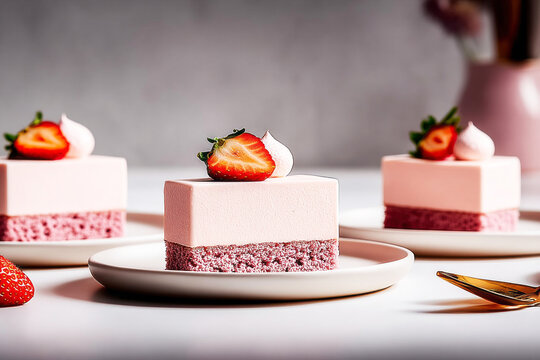 Layers of cake with strawberry puree and airy cream are served on plates. Fresh strawberries are placed on top of the cream. The scene is set indoors with a simple background.