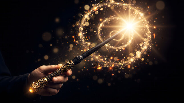 Golden magic wand radiating bright sparkles for fantasy celebration