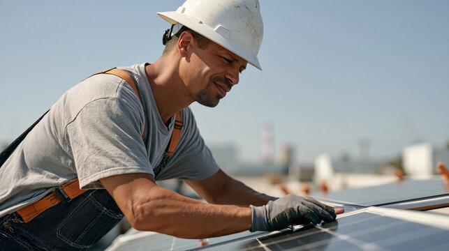 A solar roofing worker in harsh midday sun tests a fibroid awareness community health prototype display on a rooftop wearing full protective gear in a candid unposed moment that
