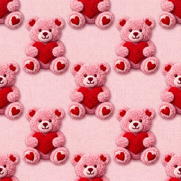 Cute pink teddy bears holding red hearts seamless pattern background