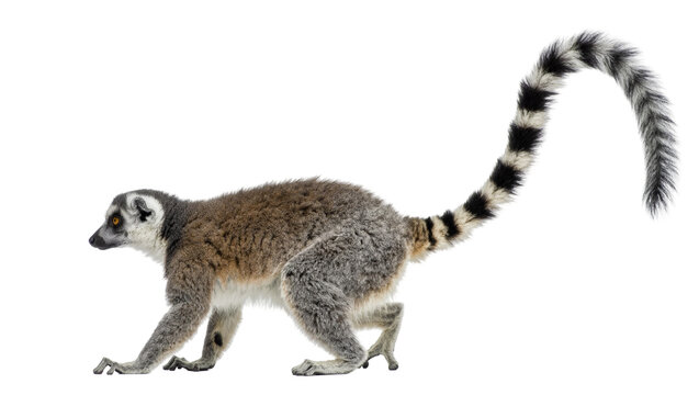 Ring-tailed lemur with striped tail, isolated on transparent background