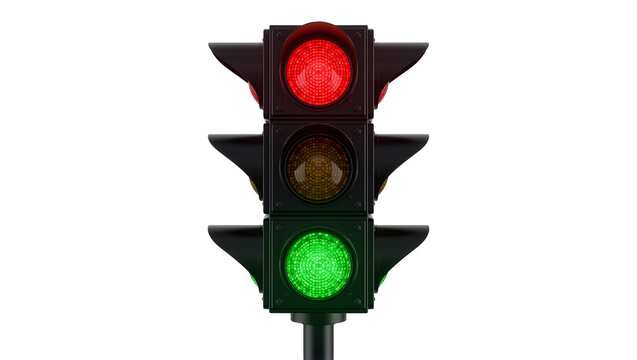 Traffic signal with red yellow and green lights illuminated, isolated on transparent background
