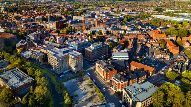 Aerial overview of modern development and River Foss corridor