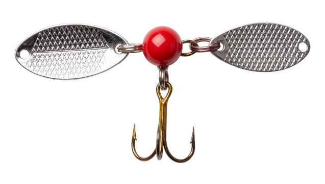 Shiny metal fishing lure with red bead and treble hook, isolated on transparent background