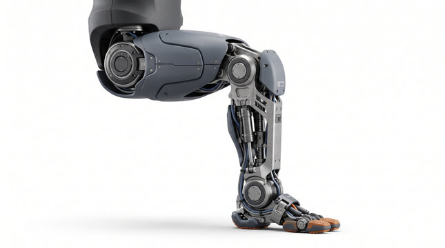 Robotic prosthetic leg with articulated mechanical knee and foot, bipedal humanoid walking actuator mechanism studio shot