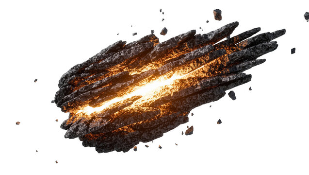 Jagged dark volcanic rock formation with glowing orange lava core, isolated on transparent background