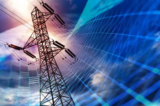  Torre de energ&iacute;a de alto voltaje con gr&aacute;ficos de energ&iacute;a el&eacute;ctrica. Infraestructura de red el&eacute;ctrica; distribuci&oacute;n de energ&iacute;a y tecnolog&iacute;a industrial avanzada.