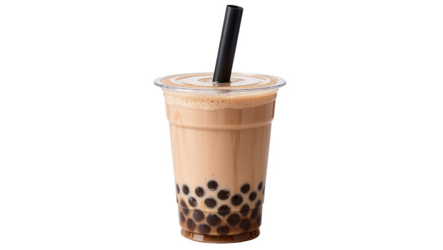 Brown bubble tea with tapioca pearls and black straw, isolated on transparent background