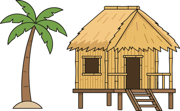 Beautiful hand-drawn vector illustration of a tropical bamboo hut on stilts with a single palm tree isolated on white