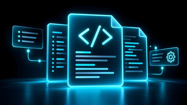 Glowing Neon Blue Document Icons With Coding Tags Representing Software Development And Digital Programming Network