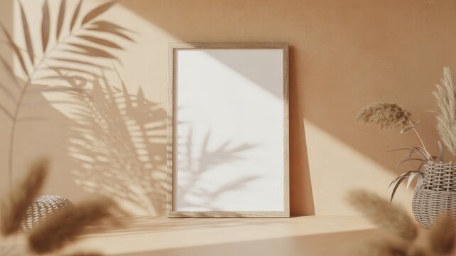 Blank wooden photo frame mockup with palm leaf shadows on beige wall. Minimalist interior design concept.