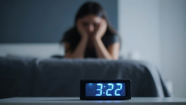 Sleepless night for a distressed person A digital clock glows 322 AM as anxiety keeps them awake in a dark bedroom