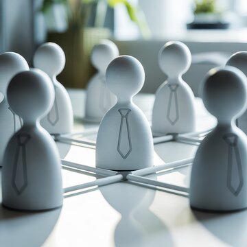Business figurines connected in a networking structure on an office desk. Corporate communication concept for human.