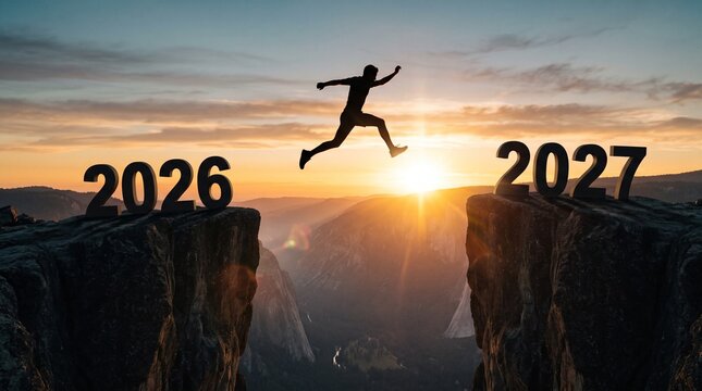 A silhouetted person jumping across a deep mountain canyon from the year 2026 to 2027 at sunset, symbolizing new beginnings, transition, success, and the future transition of the new year.