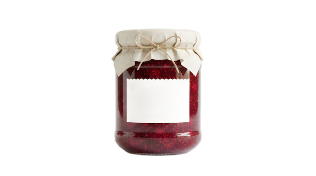 A glass jar of delicious raspberry jam with a paper lid cover and a blank white label isolated on transparent background