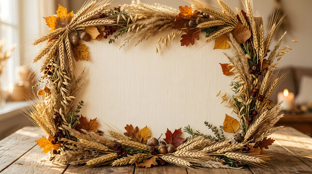 Beautiful rustic autumn frame made of dried wheat stalks, golden maple leaves, acorns, and wild berries on a wooden table with a soft blurred background for seasonal holiday greeting card design