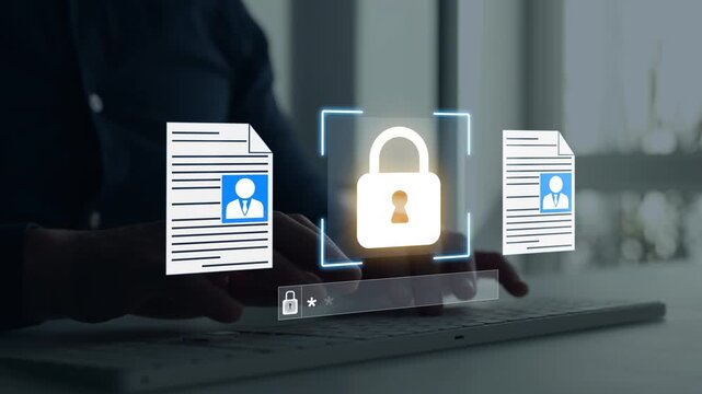 Digital employee information security concept with HR documents, confidential data, secure database access, document management systems, and enterprise technology.
