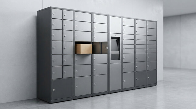 bank vault door, Automated parcel locker system with cardboard package in a modern indoor delivery station facility